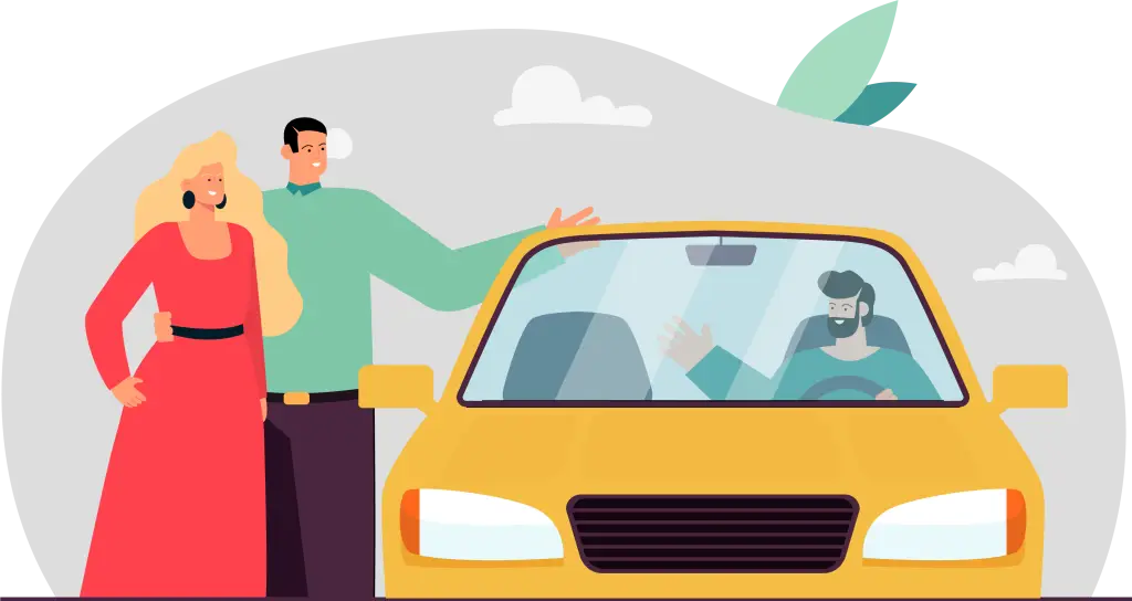 Illustration d'un jeune homme au volant saluant un couple à côté de sa voiture