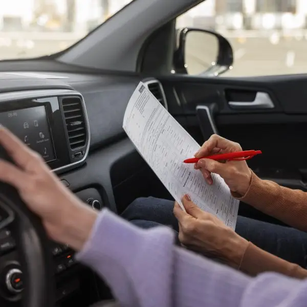 Jeune femme au volant accompagnée d'une monitrice qui l'évalue