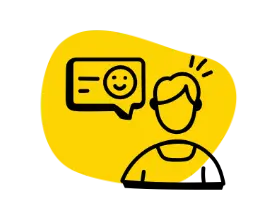 Pictogramme représentant un personnage avec une bulle de discussion et un smiley
