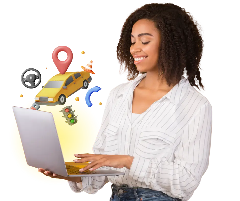 Jeune femme tenant son ordinateur portable dans la main, souriant