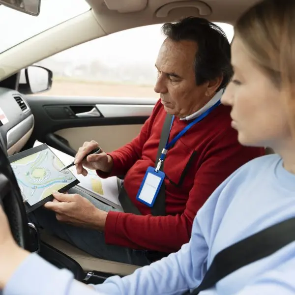 Instructeur assit sur le siège passager indiquant à une jeune femme au volant comment prendre un carrefour à sens ciratoire